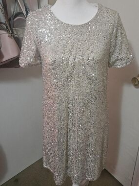 CeCe Silver Sequin Short Sleeve Mini Dress